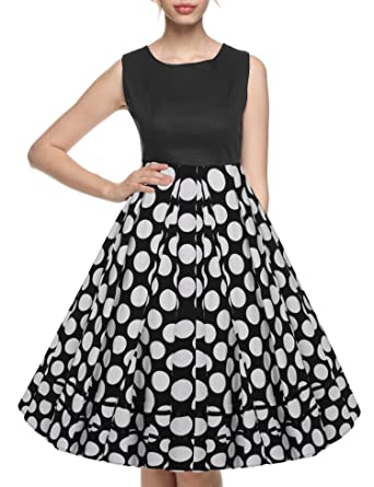 ACEVOG Womens Classy Vintage Polka Dot Audrey Hepburn Style Lace Print Evening Dress