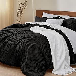 PHF 3 Pieces Waffle Weave Comforter Set Queen Size, Lightweight Breathable Comfy Bedding Set for All Season, Ultra Soft Textured Comforter Set with 2 Pillow Shams, Black