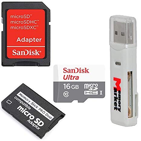 Sandisk Ultra 16GB Class 10 UHS-1 MicroSD MicroSDHC Card with MicroSDHC to Memory Stick MS Pro Duo Adapter for Sony PSP and Cybershot Cameras with MemoryMarket MicroSD & SD Memory card Reader