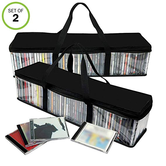 Evelots CD Storage Bag-Zippered-Clear-Handles-Hold 100 CD's Total-Black Top-Set/2