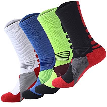 4 Pack Men's Sport Crew Sock Basketball Cushioned Dri-Fit Athletic Long Compression Socks