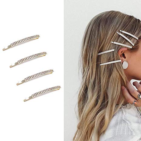 Deluxe 4 Pack Gold Decorative Double Row Clear Crystal Rhinestone Hair Barrettes Bobby Pins Clips