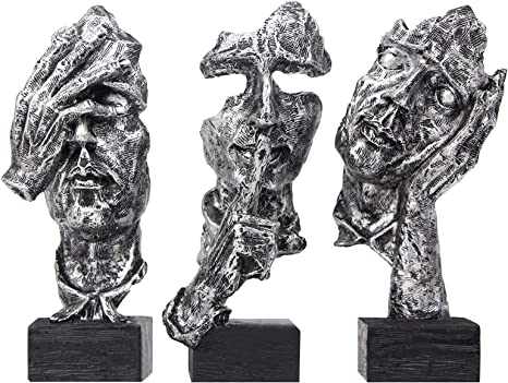 aboxoo 3 Pcs Thinker Statue, Silence is Gold Abstract Art Figurine, No Hear No See No Speak Modern Home Resin Sculptures Decorative Objects Modern Decor for Creative Room Home, Office Study (Sliver)