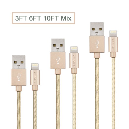 Quntis(TM) 3 Pack (3ft 6ft 10ft) Heavy Duty Braided Charger cable,Data Sync Cord USB Cable Lightning Cord for iPhone 5/5s/5c /6s /6s Plus/SE iPad iPod Lifetime Guarantee (Gold)