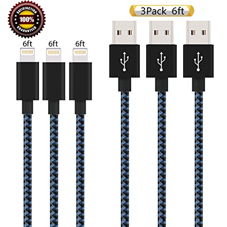 BULESK iPhone Cable 3Pack 6FT Nylon Braided Certified Lightning to USB iPhone Charger Cord for iPhone 7 Plus 6S 6 SE 5S 5C 5, iPad 2 3 4 Mini Air Pro, iPod Nano 7- (BlackBlue)