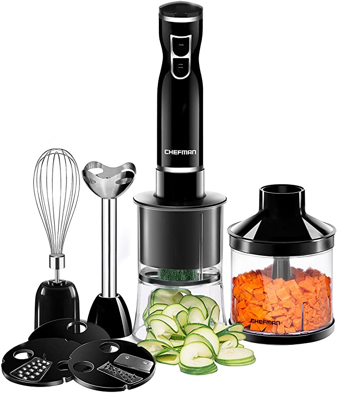 Chefman Electric Spiralizer & Immersion Blender/Vegetable Slicer 6-in-1 Food Prep Combo Kit, Includes 3 Spiralizing Blade Attachments, Courgetti Maker; Grate, Ribbon, Spiral, Blend, Chop and Purée