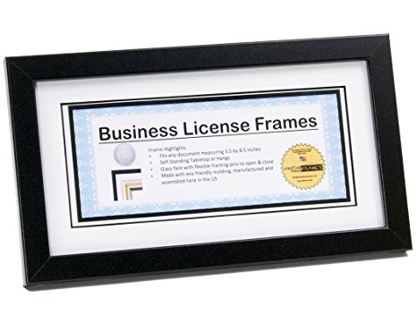 CreativePF [5.5x10.5bk-w] Black Business License Certificate Frame for Professionals Holds 3.5 by 8.5 with White Mat Includes Self Standing Easel Back with Hanger