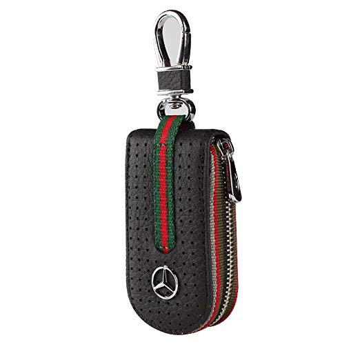 Leather Car Smart Key Chain Universal Key Holder Bag Black Zipper Case Cover Wallet Bag Shell Fob Ring (Benz)