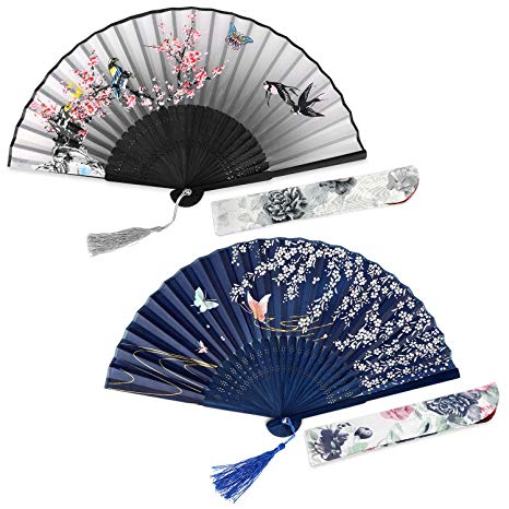 Maxchange 2-Pack Hand Held Folding Fan, Women Craft Silk Fan with Bamboo Frame and Elegant Tassel, Come with a Cloth Sleeve Per Fan, Cooling Yourself, Wedding Gifts, Party Gifts