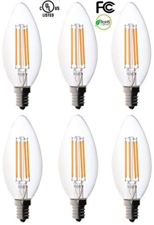 Bioluz LED 6-pack - Filament Candelabra E12 Base High Efficiency LED Candle Bulbs 2700K 4 Watt  60W UL Listed