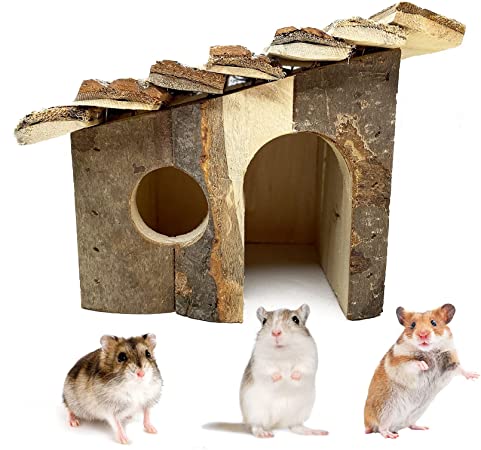 kathson Hamster Wooden House, Small Pet Hideout Climbing Play Hut Natural Wood with Bark Hideaway House for Dwarf Hamster, Mouse, Rat,Gerbil and Other Small Animals