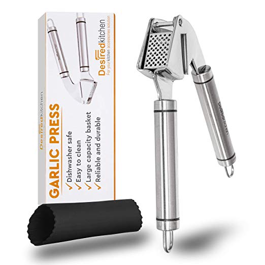 Desired Kitchen Garlic Press (Stainless Steel) mincer/crusher/masher with free Silicon tube roller included