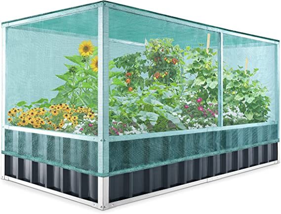 KING BIRD 68"x36"x34.6" Raised Garden Bed with Garden Anti Bird Protection Netting Structure Galvanized Steel Metal Planter Kit Box with 8pcs T-Type Tags & 2 Pairs of Gloves Dark Grey