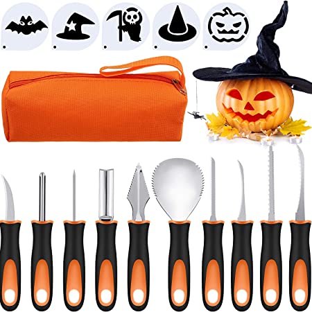 15 Pieces Halloween Pumpkin Carving Kit and Pumpkin Carving Stencils with Zipper Storage Bag for Halloween Jack-O-Lantern Decoration