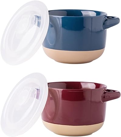 AmorArc 24 Ounces Soup Bowls with Large Handles and Lids, Stoneware Bowls Set of 2 for Soup, Cereal, Stew, Noodle, Colourful Ceramic Kitchen Bowls, Microwave&Dishwasher Safe, Blue&Red