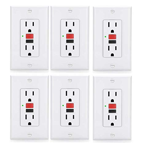 [6 Pack] BESTTEN 15-Amp GFCI Outlets, Slim Series GFI Duplex Receptacles with Decorator Wall Plates, Ground Fault Circuit Interrupter with LED Indicator, UL Listed, White, USG5
