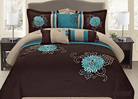 Fancy Collection 7-pc Embroidery Bedding Brown Turquoise Comforter Set (King)