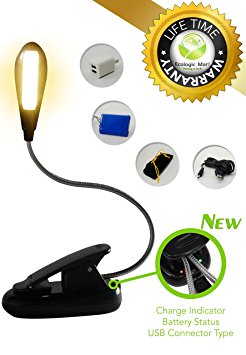Eye Care Warm Book Light - Rechargeable Reading Lamp for Bed - 3 Levels & Built-in Charge Indicator - 4 LED Bulbs - BONUSES: 78" USB Cable, Travel Bag & Dual Charger by Ecologic Mart