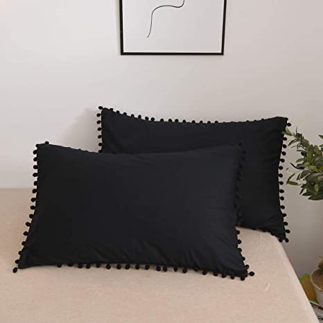 Softta 20x30 Pompom Pillow Shams Pillow Covers 2 pcs Ball Tassel Trimmed Cute Pretty Girls Pillowcases 100% Cotton Black Cover Twin/Full/Queen (NO Comforter NO Filling)