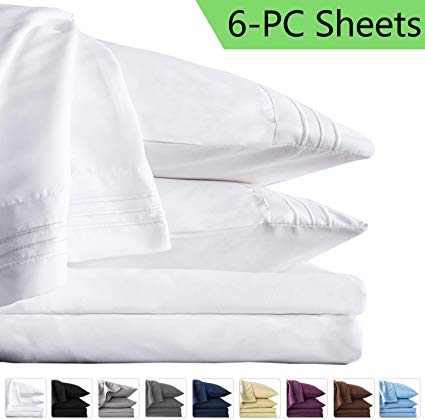 LIANLAM Queen 6 Piece Bed Sheets Set - Super Soft Brushed Microfiber 1800 Thread Count - Breathable Luxury Egyptian Sheets Deep Pocket - Wrinkle and Hypoallergenic(Queen, White)