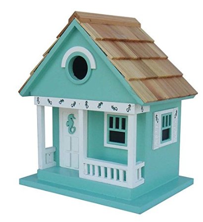 Wood Beach Cottage Birdhouse, in Aqua with Seahorse
