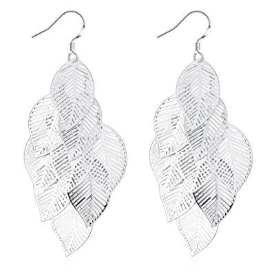 Boosic Leaf and Star Charms Long Dangle Earrings for Women, Silver