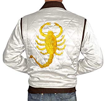 Drive Mens Bomber Jacket - Ryan Gosling Scorpion Quilted White Satin Jacket