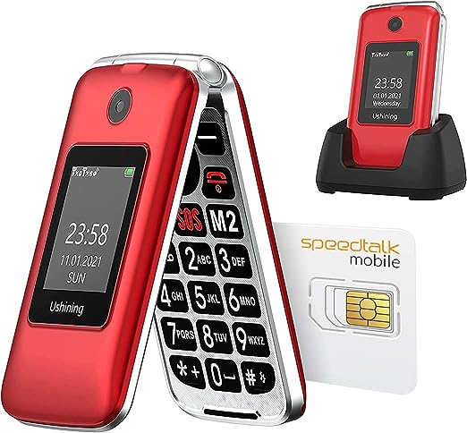 USHINING 4G Unlocked Flip Phone for Seniors with Speed Talk SIM Card Big Button Clear Sound Senior Cell Phone with Charging Dock (Red)