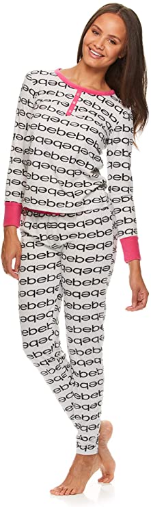 bebe Womens Fleece Cuffed Long Sleeve Shirt and Lounge Pajama Pants Sleep Set