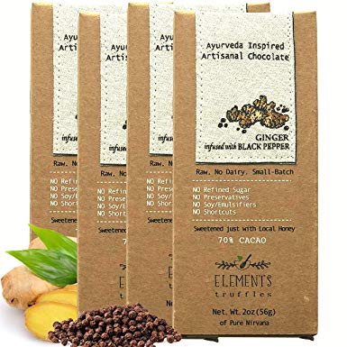 Elements Truffles Ginger Bar with Black Pepper Infusion - Dairy Free Chocolate Bar - Gluten Free, Non-GMO, Raw & Fully Organic Chocolate Bar - Ayurveda Inspired Healthy Chocolate Bar - Four Pack