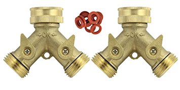 A1005T Heavy Duty Brass Y 2 Way Garden Hose Connector - 2 PACK - 2 Brass 2-Way Splitter 20 Hose Washers (All Brass)