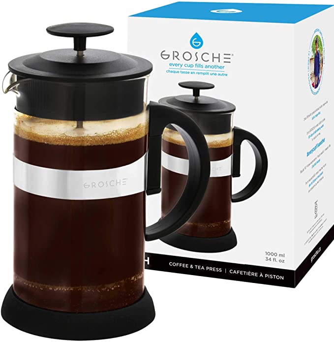 GROSCHE Zurich French Press Coffee maker, 8 demitasse cup / 1000 ml / 34 fl oz capacity, borosilicate glass with stainless steel filter, and black silicone base