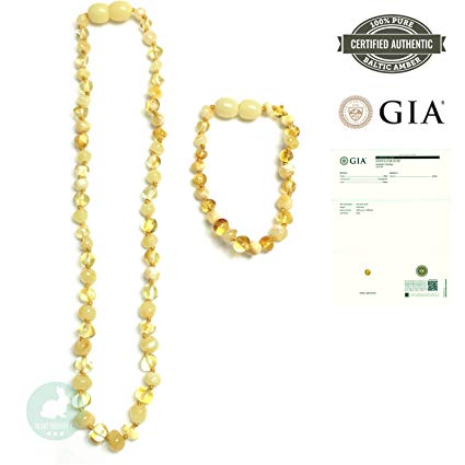 GIA Certified Amber Teething Necklace & Bracelet Combo for Newborns & Babies - Pure Natural Baltic Amber to Reduce Tooth Pain, Drooling & Anti-Inflammatory (Lemon/Milk Combo)