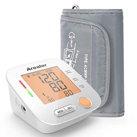 Blood Pressure Monitor Upper Arm , Arealer Automatic Blood Pressure Monitor Large Cuff, Digital Bp Cuff with Blood Pressure and Pulse Rate for Home Use, 2 * 90 Memory Mode, Batteries and Bag Included.