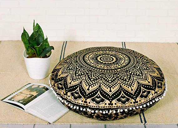Popular Handicrafts Mandala Round Hippie Floor Pillow Cover (Black Gold, 32" Cushion Cover)