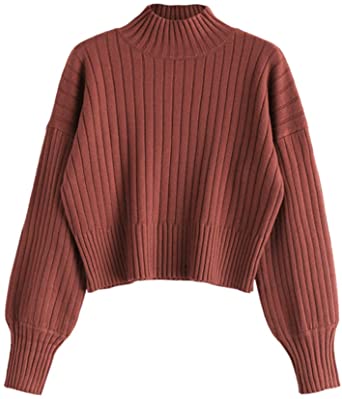 ZAFUL Women's Turtleneck Drop Shoulder Ribbed Knit Plain Pullover Scalloped Hem Crop Sweater Jumper