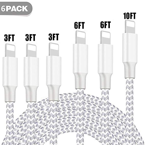 iPhone Charger, MFi Certified Cable 6Pack 3FT 3FT 3FT 6FT 6FT 10FT Extra Long Nylon Braided USB Fast Charging& Syncing Cord Compatible with iPhone/XS/XR/X/8/8Plus/7/7Plus/6S/6Plus/Pad More