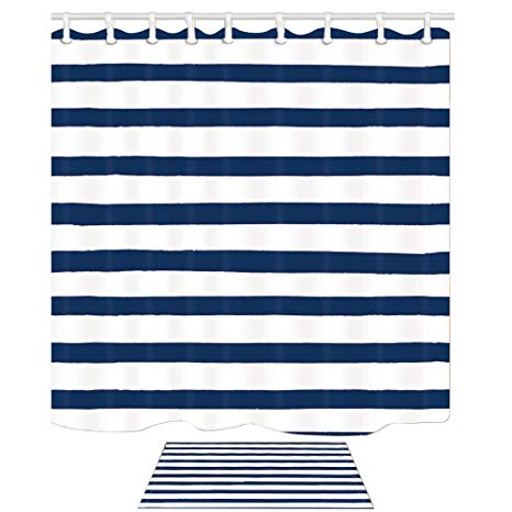 KOTOM Striped Decor Monochrome Tones Brush Style Blue White Stripes Retro Digital Print Shower Curtains Set Bath Curtains 69X70 Inches Indoor Floor Mat Bath Rugs 60x40cm