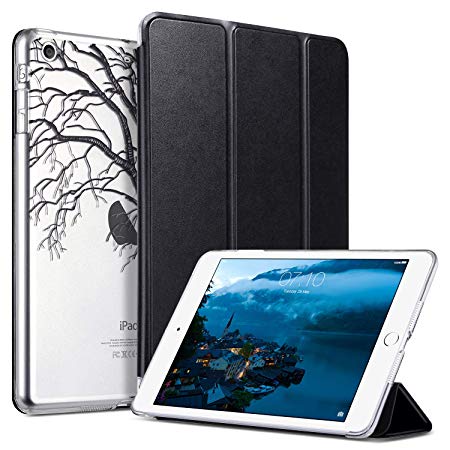 ULAK iPad Mini 3 Case, iPad Mini 2 Case, iPad Mini Case, Slim Lightweight Smart Case Trifold Cover Stand for Apple iPad Mini 1/2/3 Clear Back Cover with Auto Sleep/Wake Function, Black Drawn Tree