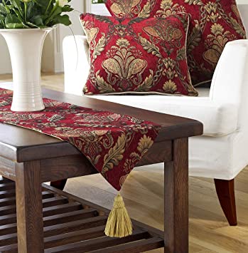 Shiraz Table Runner - Burgundy Red and Gold - Embroidered Damask Jacquard - Non Slip Lining - Tasselled - 100% Polyester - 33 x 230cm (13" x 91" inches) - Made by Riva Paoletti - Designed in the UK