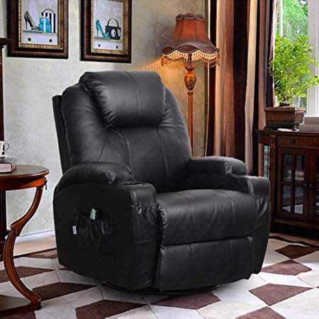 360 Degree Swivel Massage Recliner Leather Sofa Chair Ergonomic Lounge Swivel Heated with Control (Black)