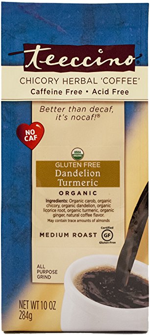 Teeccino Dandelion Turmeric Chicory Herbal Coffee Alternative, Gluten Free, Caffeine Free, Acid Free, 10-Ounce