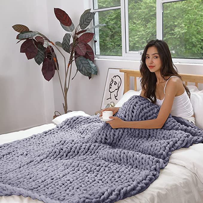 Chunky Knit Blanket Chenille Throw Warm Soft Giant Handmade Gift for Sofa Bed Home Decor Luxury Grey 40"×40"