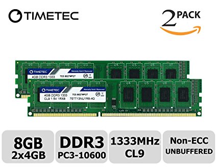 Timetec Hynix IC 8GB Kit(2x4GB) DDR3 1333MHz PC3-10600 Non ECC Unbuffered 1.5V CL9 1R8 Single Rank 240 Pin UDIMM Desktop PC Computer Memory Ram Module Upgrade (High Density 8GB Kit(2x4GB))