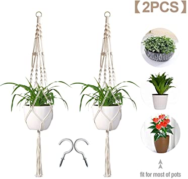 SHEEFLY Plant Hanger, Handmade for Indoor&Outdoor Decoration, 100% Cotton Rope Hanging Planter Basket with Steel Hook, Macrame Plant Hanger-2pack