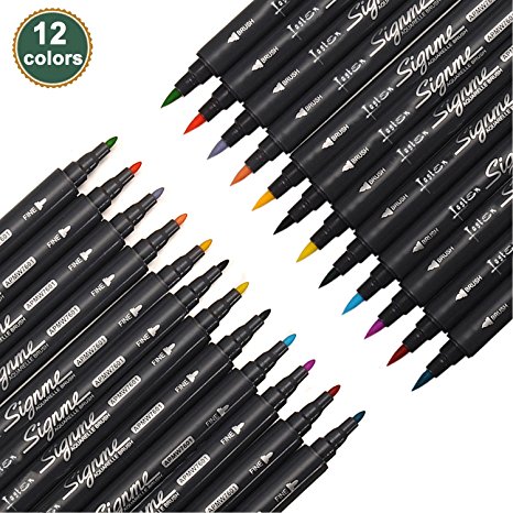 Lasten® 12 Colors Dual Tips Coloring Marker Pens Set, Brush Tip(1mm-2mm) & Fine Tip(0.8mm), Watercolor Art Pens, Brush Pens Art Markers, Best for Doodling, Calligraphy, Painting Coloring(12 Colors)