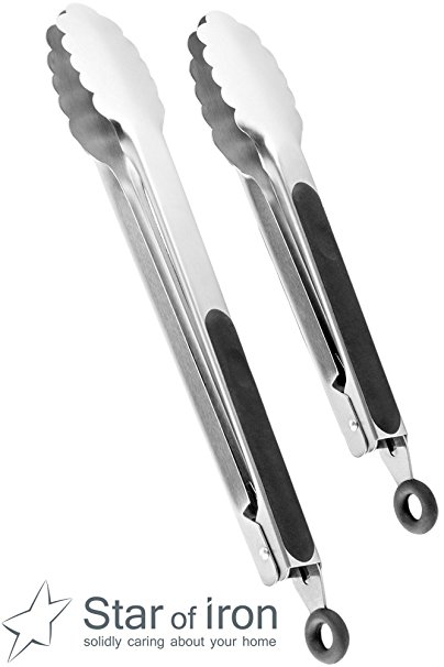 STAR of IRON Kitchen Tongs Set of 2 - Serving Tongs 9" & Grill Tongs 12" - ideal as Tongs for Cooking, BBQ & Salad Tongs - Heat Resistant, Durable, Locking Metal Tongs Stainless Steel, Non-Slip Grip