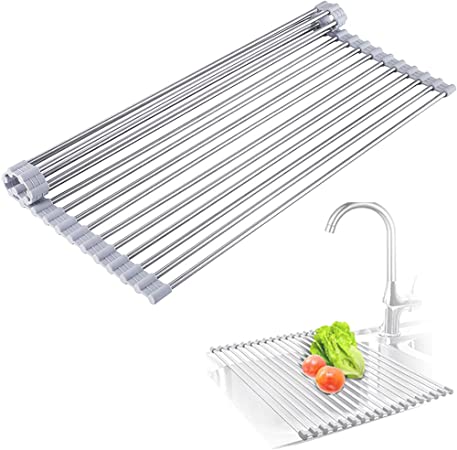 Deecam Roll Up Dish Drying Rack, Kitchen Rolling Dish Drainer, Stainless Steel Roll Drying Rack, Foldable Roll Dish Rack, Multipurpose Roll-Up Dish Racks (17.6''x 11.2'')