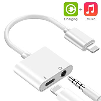 Headphone Jack Adapter for iPhone X/Xs Max/XR/8/8Plus/7/7Plus/6/6plus Headphone Splitter Adapter for iPhone Dongle 2 in 1 Chargers & Audio Connector Charger Cable,Quick Charge Fast Car Adapter,White