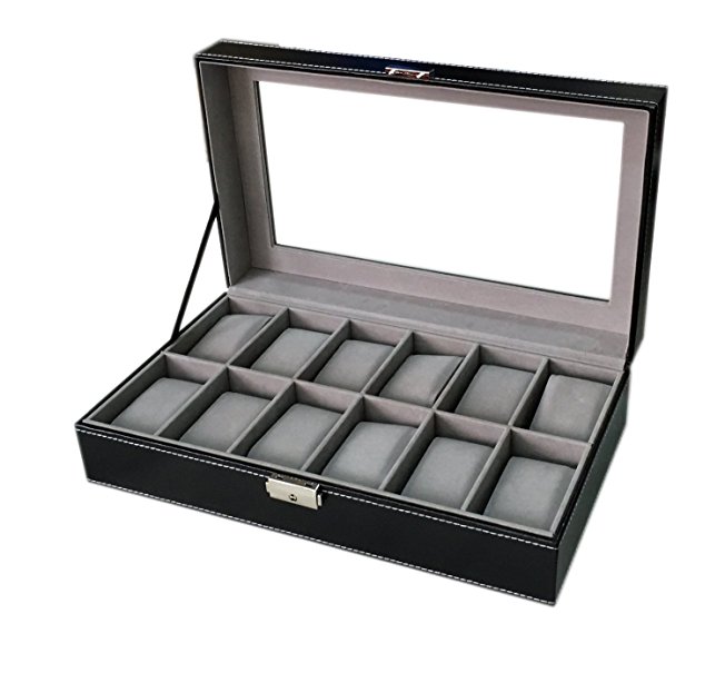 ClosetMate 12 Slot Luxury Watch Case Display Organizer Black Leather, Fully lined in a grey, Lock and key